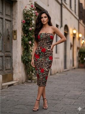 DNA Couture Leopard Print Strapless Midi Dress with Red Rose Accents - Medium